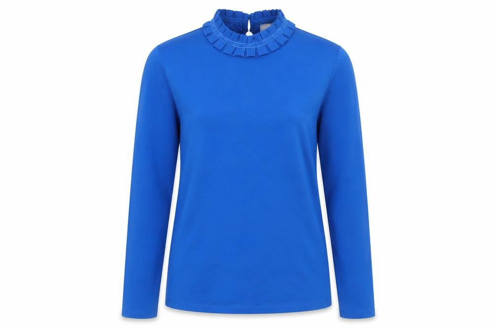Front view of Savida Women Blue High Neck Long Sleeve Ruffle Blouse, size 14