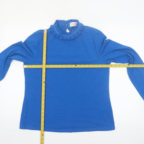 Savida Women Blue High Neck Long Sleeve Ruffle Blouse Size 14