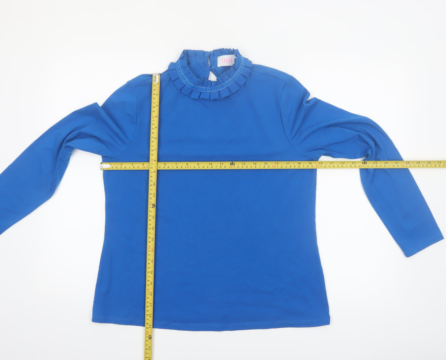 Savida Women Blue High Neck Long Sleeve Ruffle Blouse Size 14