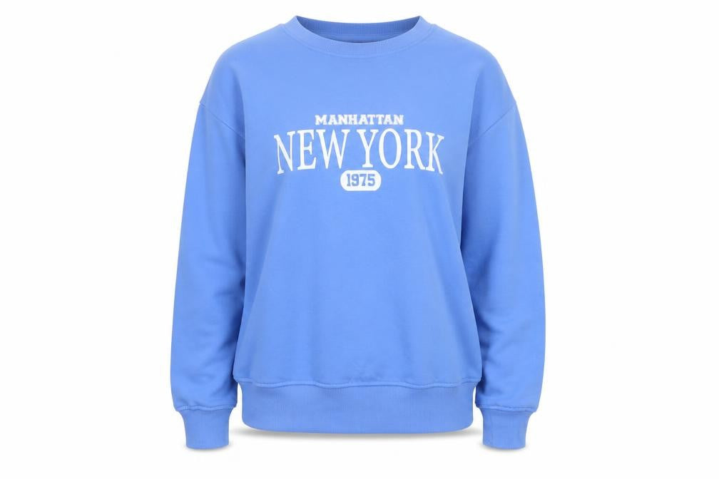 Front view of Dunnes women’s blue manhattan new york 1975 pullover sweatshirt xs
