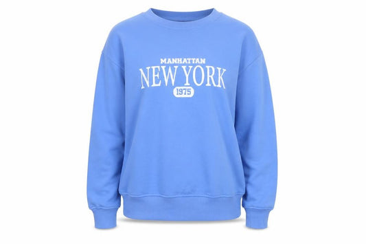 Front view of Dunnes women’s blue manhattan new york 1975 pullover sweatshirt xs