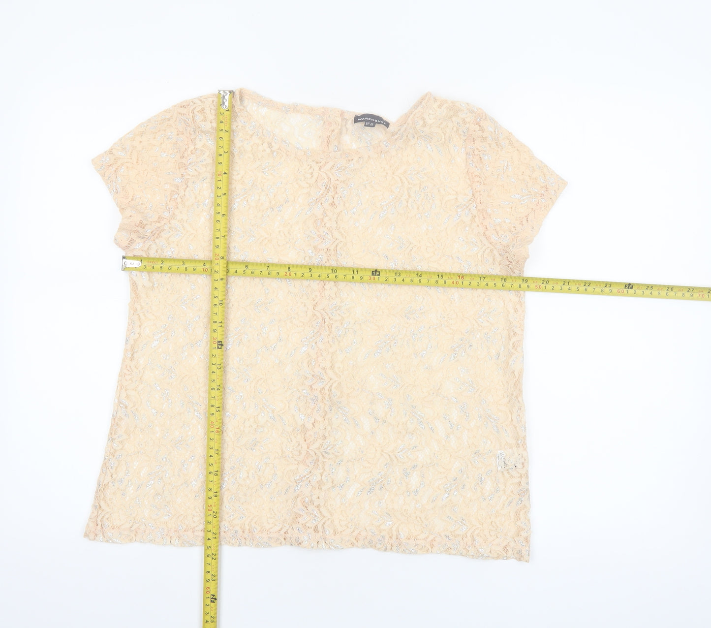 Warehouse Women's Beige Lace Short Sleeve Blouse UK 14