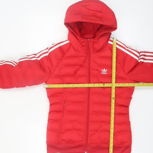 Adidas Womens Red Puffer Jacket Size 8 Hooded Full Zip Casual Coat
