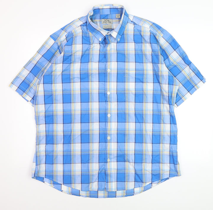 Peter England Men's Blue Check Short Sleeve Button-Up Shirt XL
