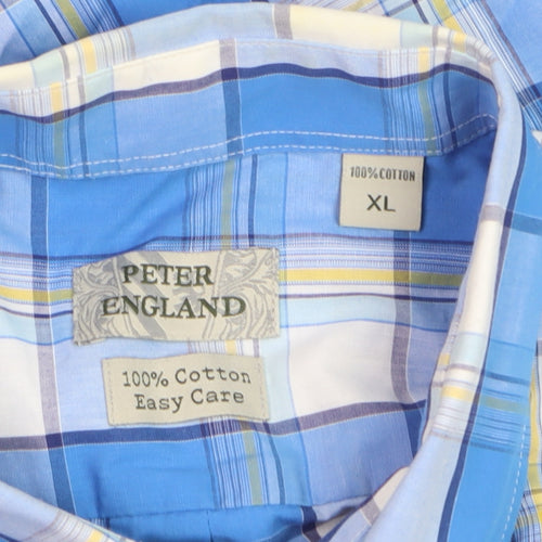 Peter England Men's Blue Check Short Sleeve Button-Up Shirt XL