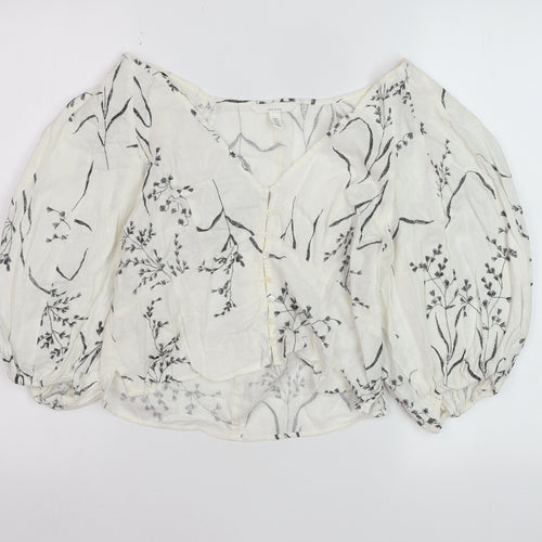 H&M Women’s White Floral Linen Blend Cropped Puff Sleeve Blouse Size 8