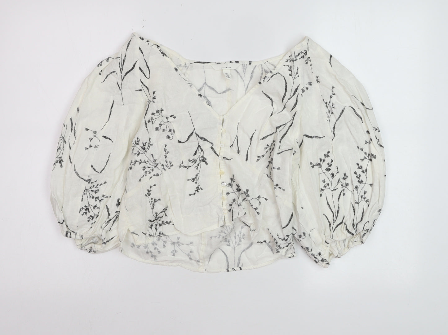 H&M Women’s White Floral Linen Blend Cropped Puff Sleeve Blouse Size 8