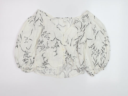 H&M Women’s White Floral Linen Blend Cropped Puff Sleeve Blouse Size 8