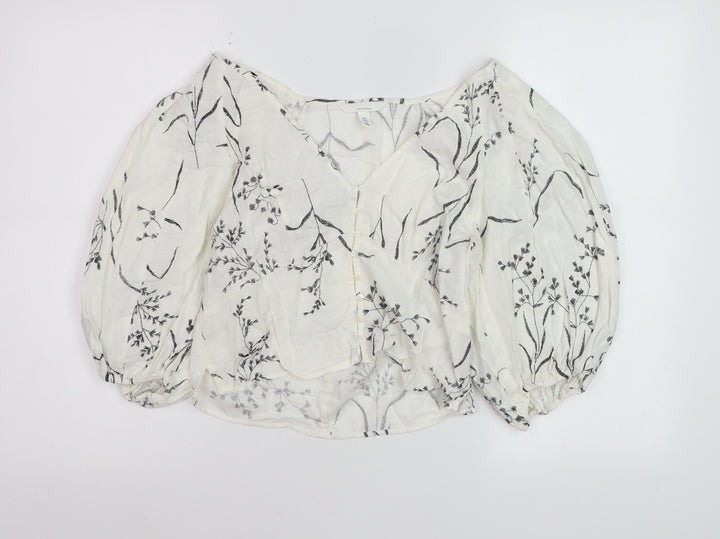 H&M Women’s White Floral Linen Blend Cropped Puff Sleeve Blouse Size 8