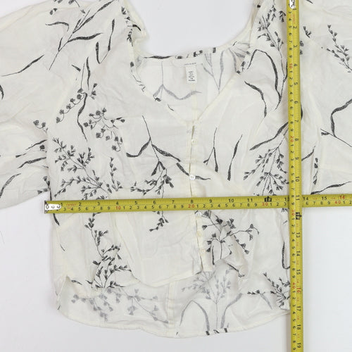 H&M Women’s White Floral Linen Blend Cropped Puff Sleeve Blouse Size 8