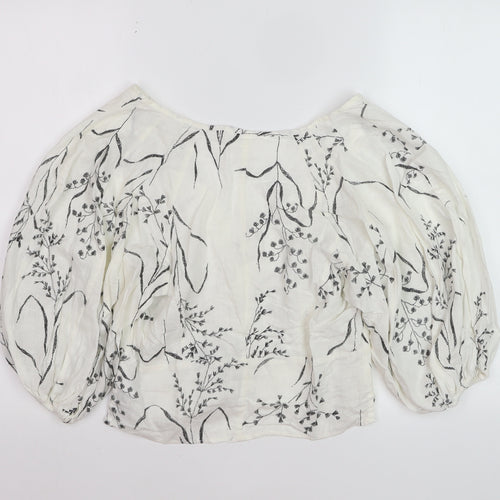 H&M Women’s White Floral Linen Blend Cropped Puff Sleeve Blouse Size 8