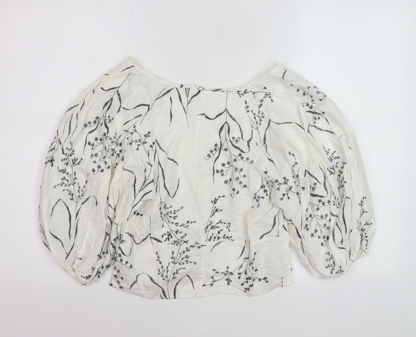 H&M Women’s White Floral Linen Blend Cropped Puff Sleeve Blouse Size 8