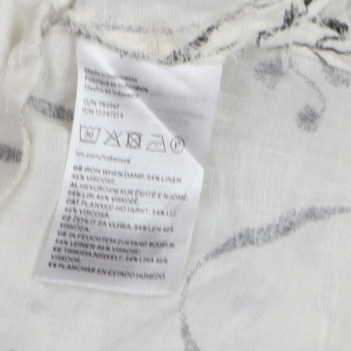 H&M Women’s White Floral Linen Blend Cropped Puff Sleeve Blouse Size 8