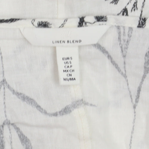 H&M Women’s White Floral Linen Blend Cropped Puff Sleeve Blouse Size 8