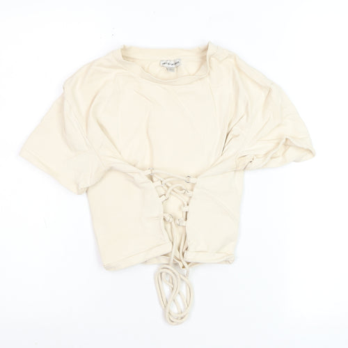 Light Before Dark Women's Beige Cropped Lace Up T-Shirt Size S