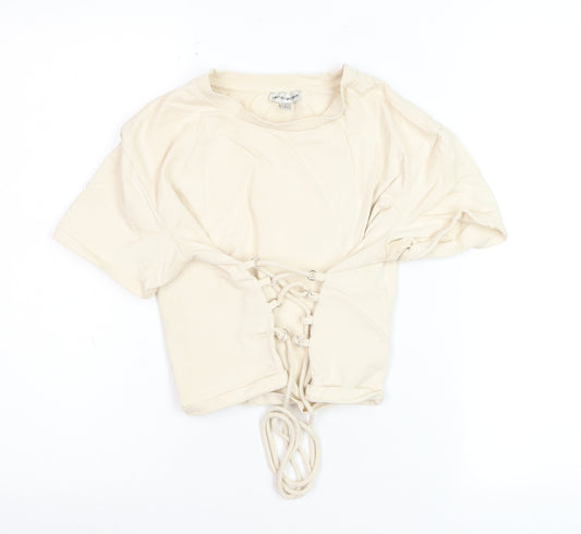 Light Before Dark Women's Beige Cropped Lace Up T-Shirt Size S