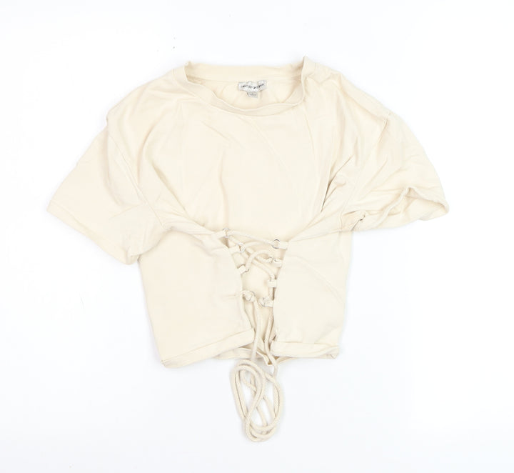 Light Before Dark Women's Beige Cropped Lace Up T-Shirt Size S