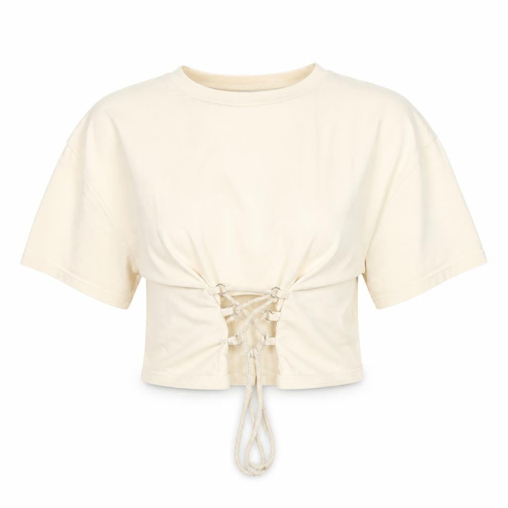 Front view of Light Before Dark Women's Beige Cropped Lace Up T-Shirt, size S