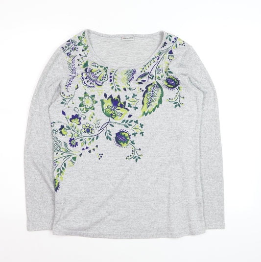 Damart Women's Grey Floral Scoop Neck Long Sleeve Cotton Jumper Size S