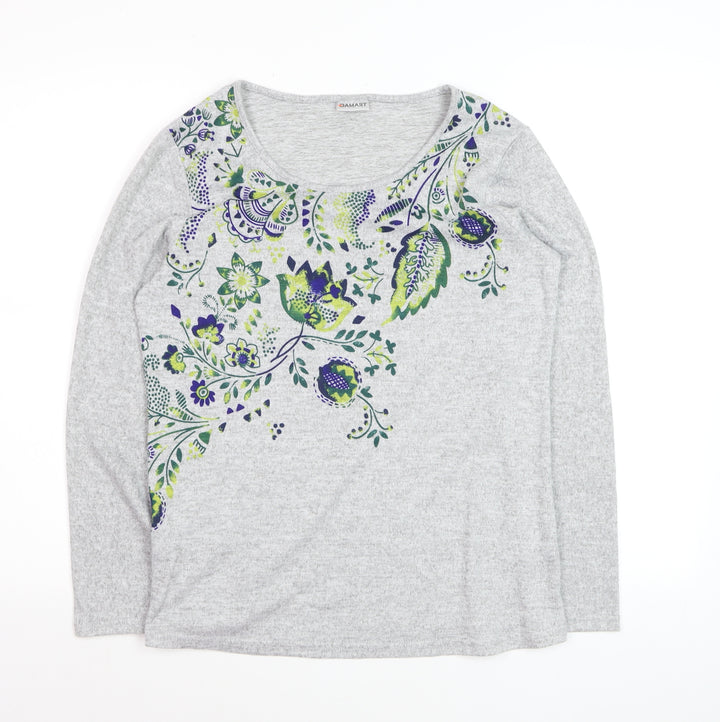 Damart Women's Grey Floral Scoop Neck Long Sleeve Cotton Jumper Size S