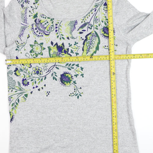 Damart Women's Grey Floral Scoop Neck Long Sleeve Cotton Jumper Size S