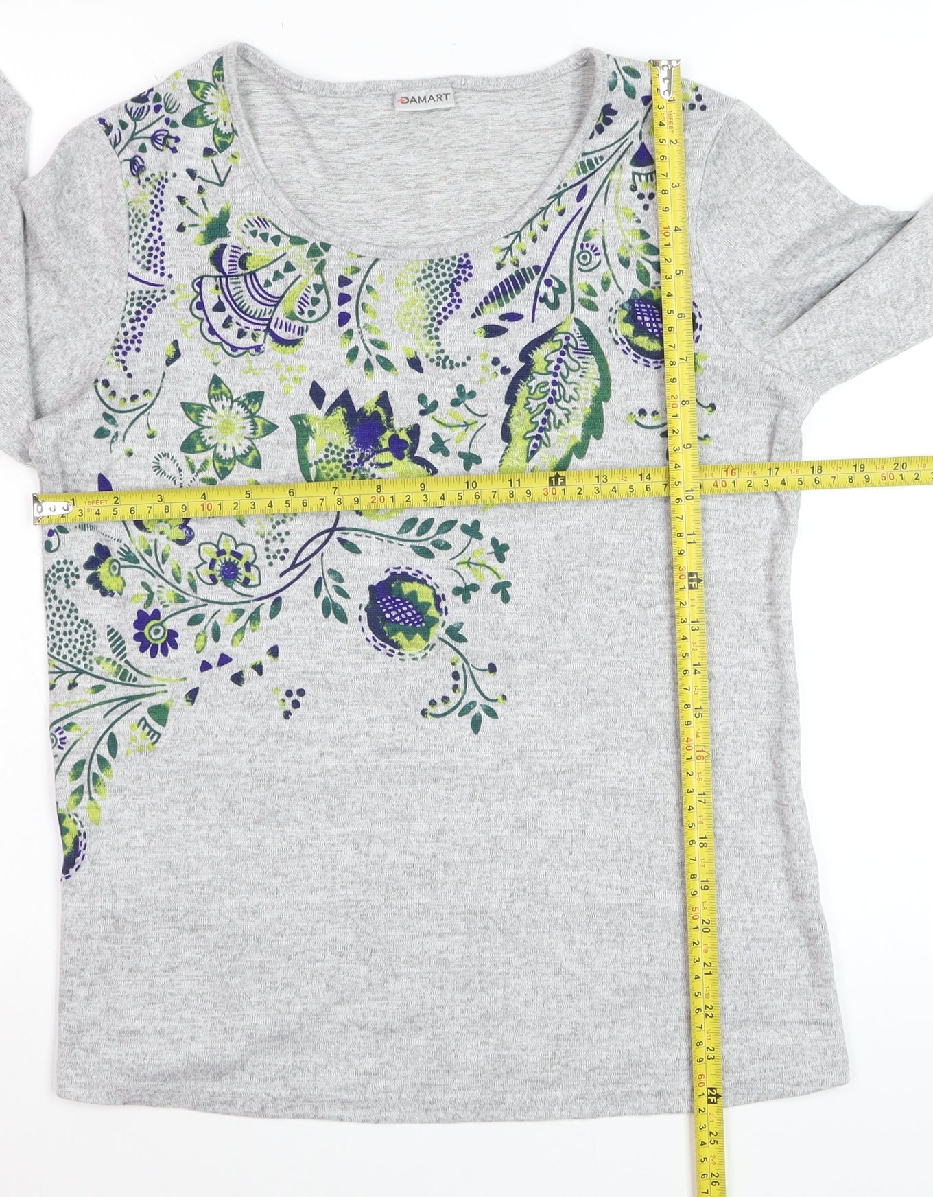 Damart Women's Grey Floral Scoop Neck Long Sleeve Cotton Jumper Size S