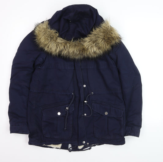 H&M Divided Women's Blue Faux Fur Hooded Parka Jacket Size 8