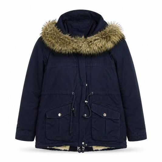 Front view of H&M Divided Women's Blue Faux Fur Hooded Parka Jacket, size 8
