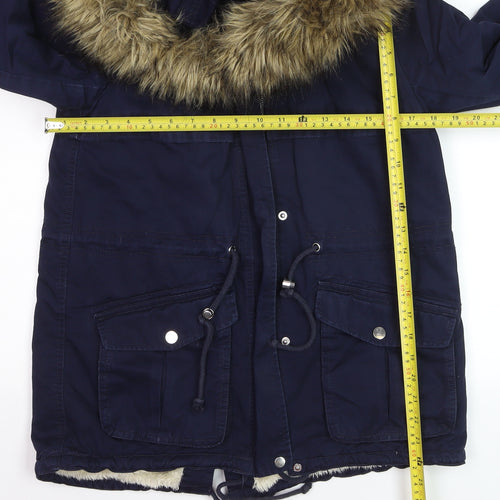 H&M Divided Women's Blue Faux Fur Hooded Parka Jacket Size 8
