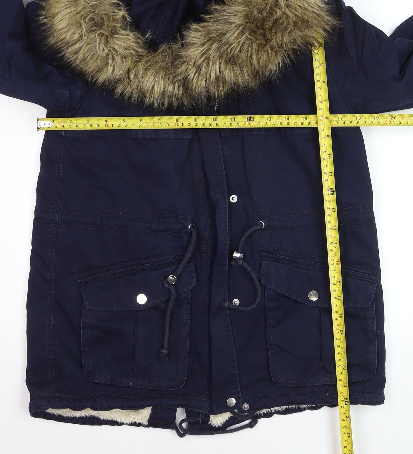 H&M Divided Women's Blue Faux Fur Hooded Parka Jacket Size 8
