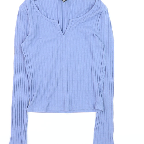 New Look Women Blue Ribbed V-Neck Long Sleeve Slim Jumper Size 12