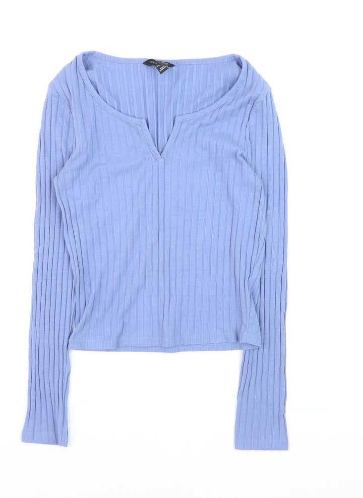 New Look Women Blue Ribbed V-Neck Long Sleeve Slim Jumper Size 12