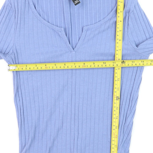 New Look Women Blue Ribbed V-Neck Long Sleeve Slim Jumper Size 12