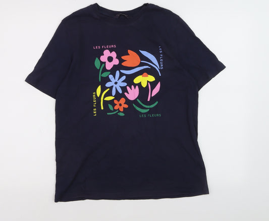 Marks and Spencer Womens Blue Floral Les Fleurs Cotton T-Shirt Size 12