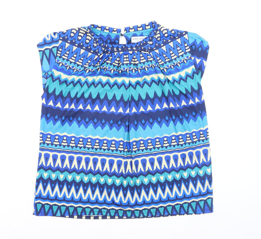 J'aime La Vie Women Blue Geometric Short Sleeve Blouse Size 16