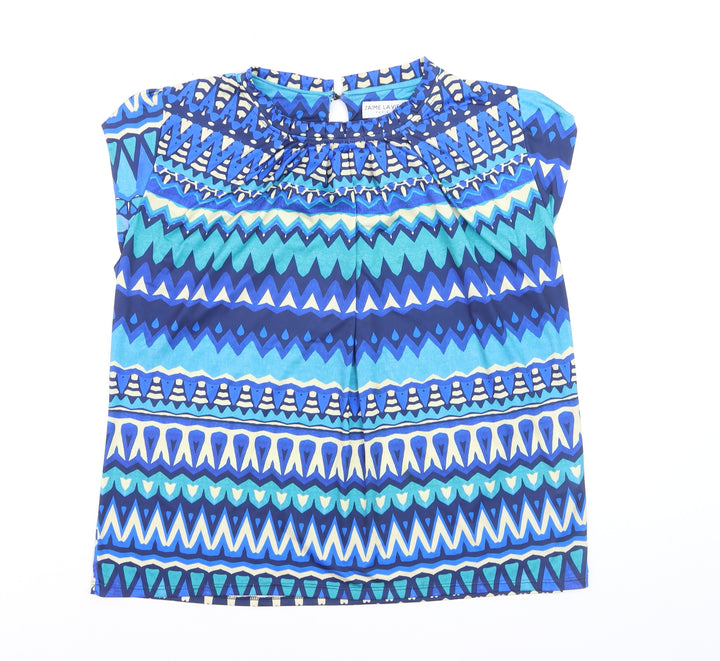J'aime La Vie Women Blue Geometric Short Sleeve Blouse Size 16