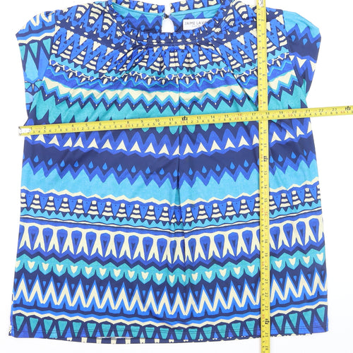 J'aime La Vie Women Blue Geometric Short Sleeve Blouse Size 16