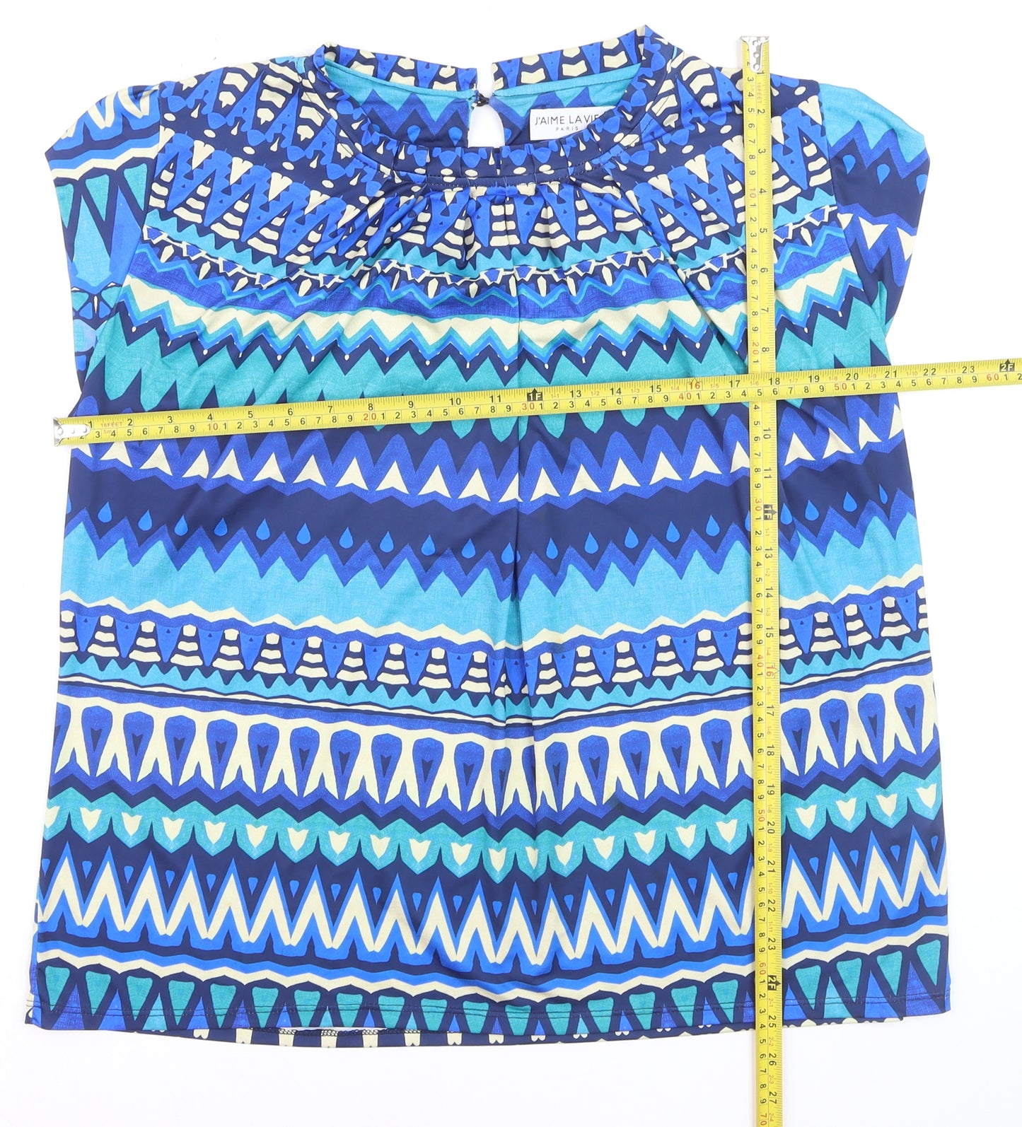 J'aime La Vie Women Blue Geometric Short Sleeve Blouse Size 16