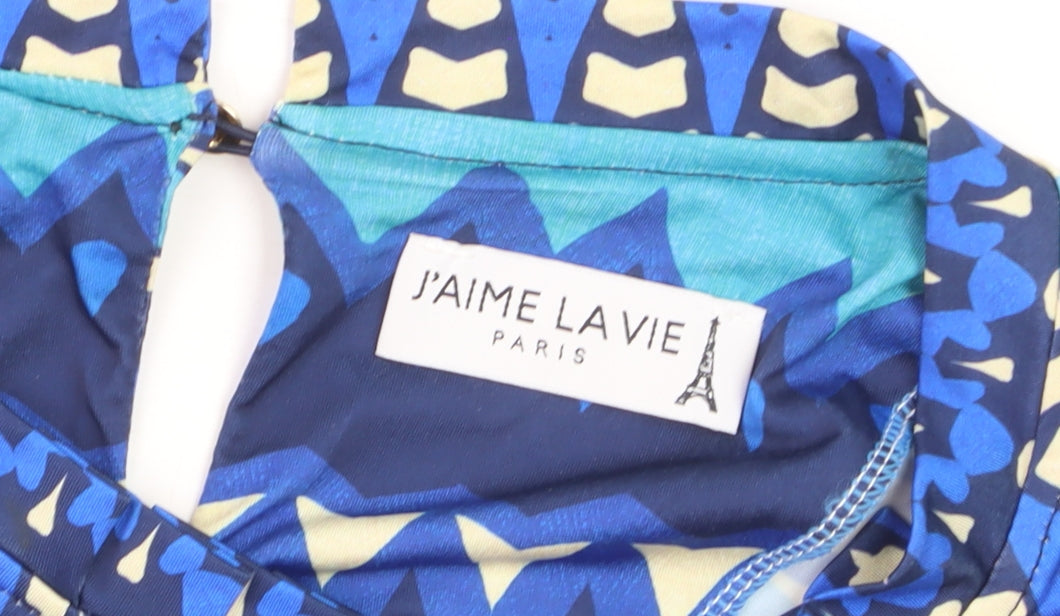 J'aime La Vie Women Blue Geometric Short Sleeve Blouse Size 16