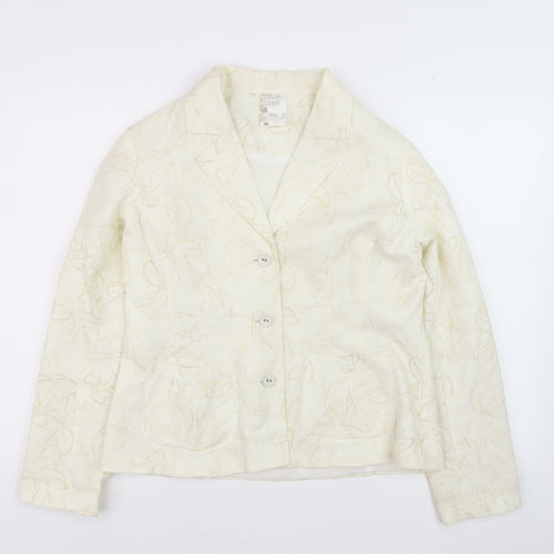 Paco Spirit Women Ivory Floral Blazer Jacket M Linen Blend