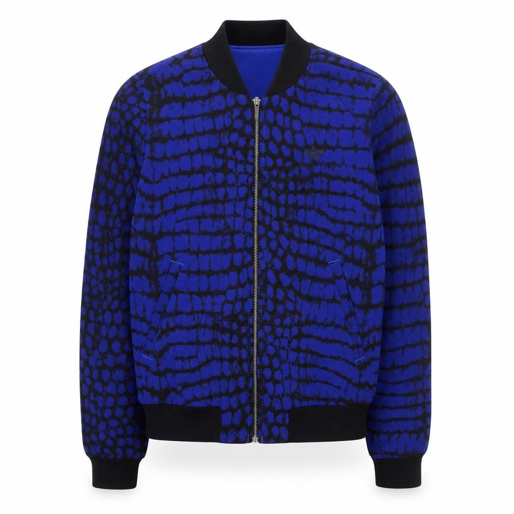 Front view of Adidas Men's Blue Animal Print Bomber Jacket, size S