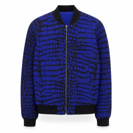 Front view of Adidas Men's Blue Animal Print Bomber Jacket, size S