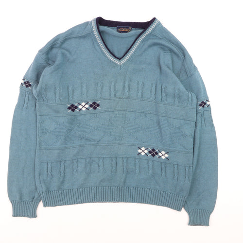 Greenwoods Men’s Blue Argyle Knit V-Neck Pullover Jumper XL