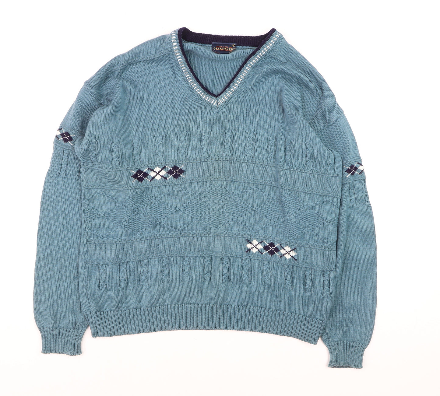 Greenwoods Men’s Blue Argyle Knit V-Neck Pullover Jumper XL