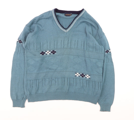 Greenwoods Men’s Blue Argyle Knit V-Neck Pullover Jumper XL