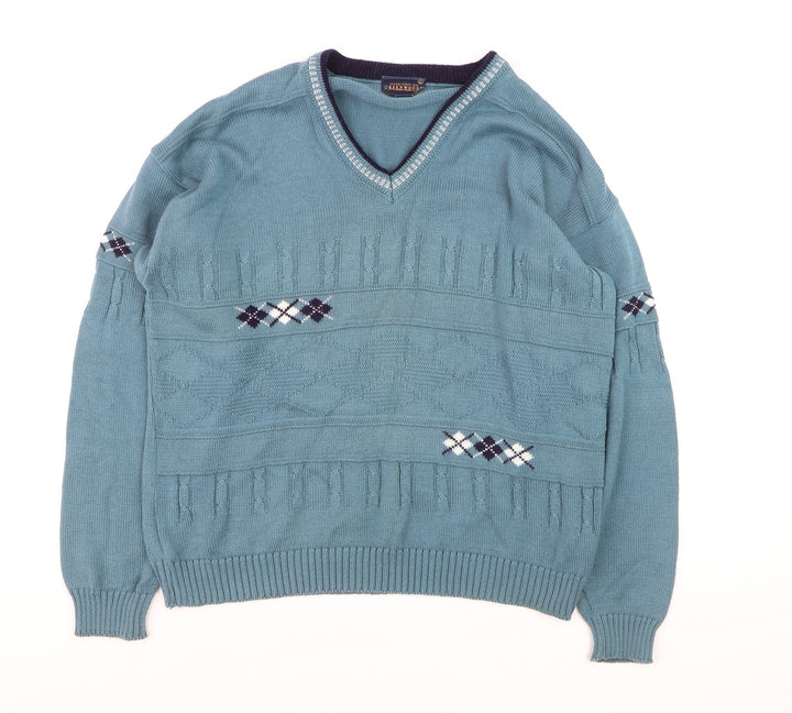Greenwoods Men’s Blue Argyle Knit V-Neck Pullover Jumper XL