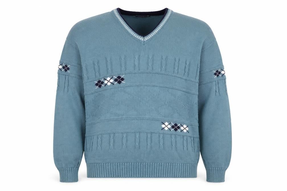 Front view of Greenwoods Men’s Blue Argyle Knit V-Neck jumper XL