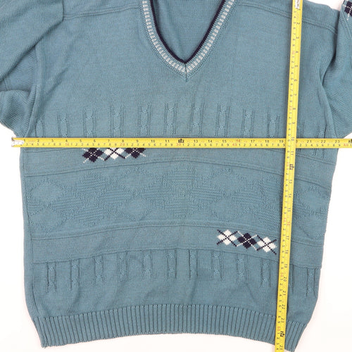 Greenwoods Men’s Blue Argyle Knit V-Neck Pullover Jumper XL