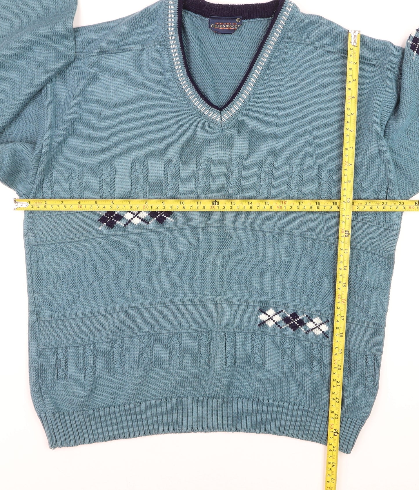 Greenwoods Men’s Blue Argyle Knit V-Neck Pullover Jumper XL