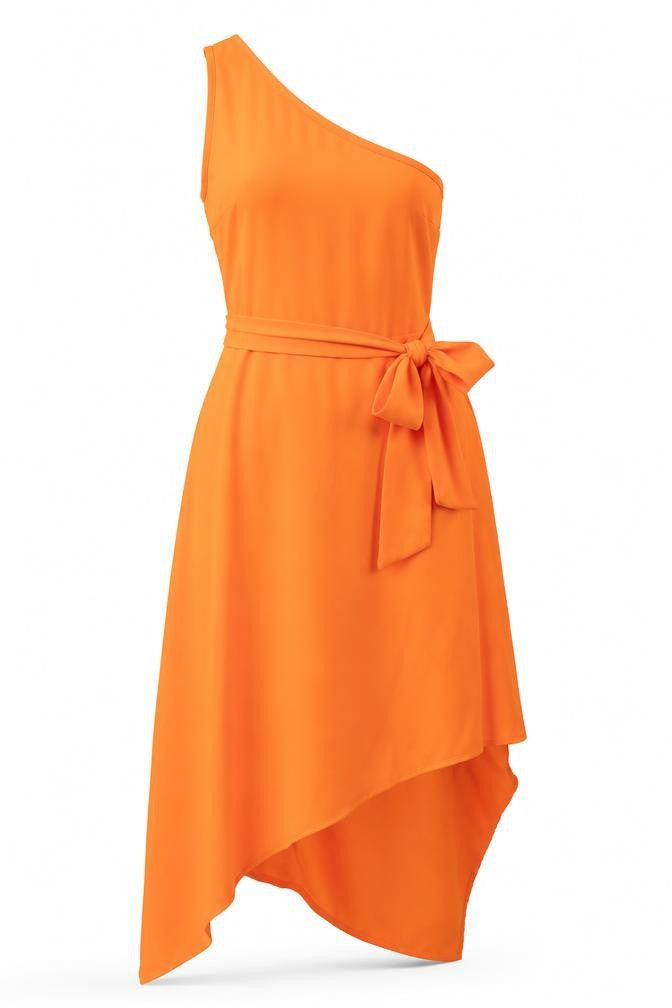 Front view of Warehouse Women's Orange One Shoulder Asymmetric Midi Dress, size 6